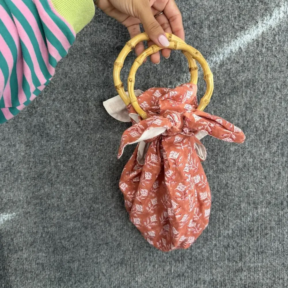 Emily Levine Dumpling Bamboo Handles Tote Bag Rust Floral Cotton Ring Boho